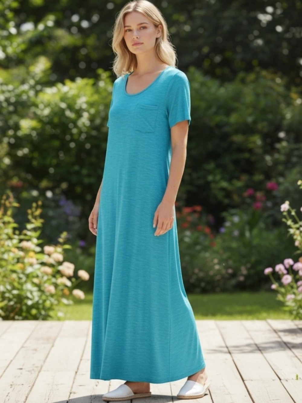 Chico's turquoise Cotton Slub short sleeves relaxed fit Tee Shirt Maxi Dress